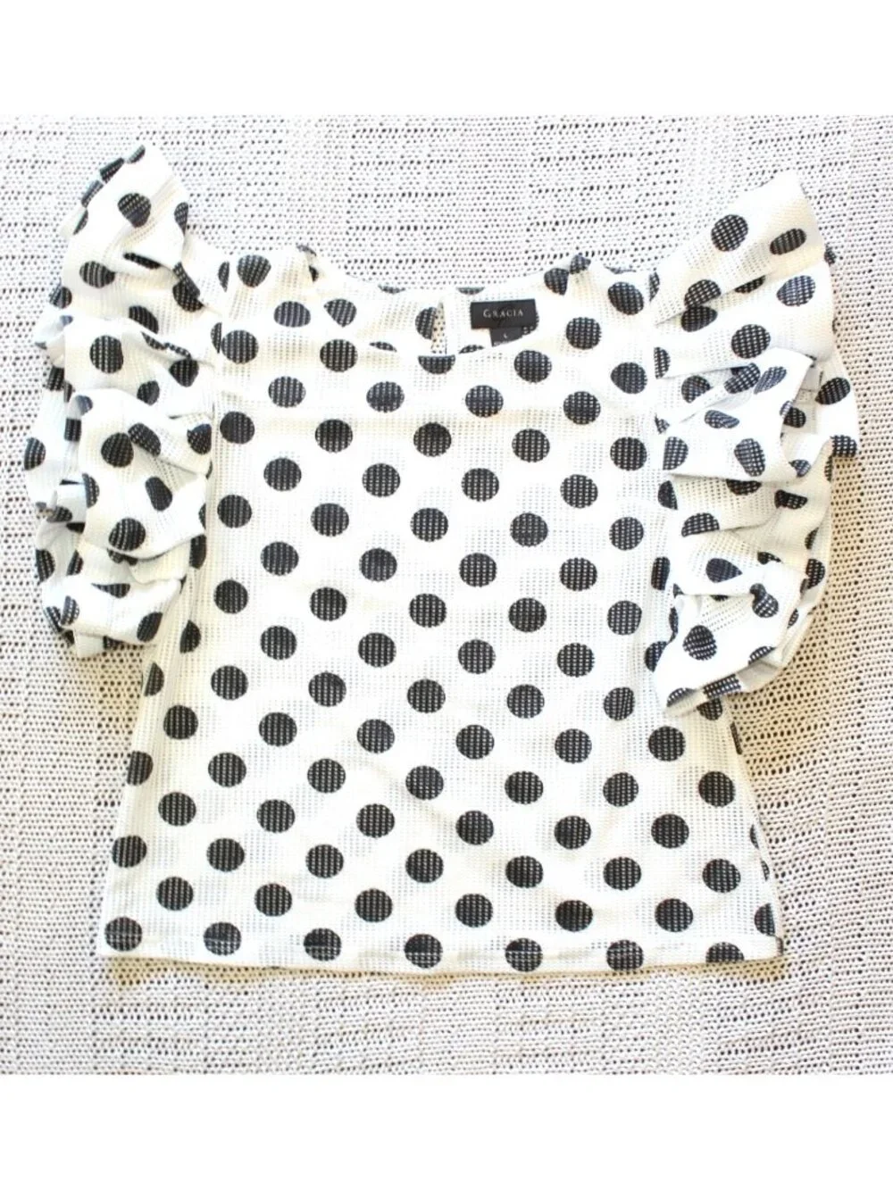 Gracia Black & White Polka Dot Blouse sheer Top Sz. Large Tiered Ruffle Sleeves - Picture 4 of 5